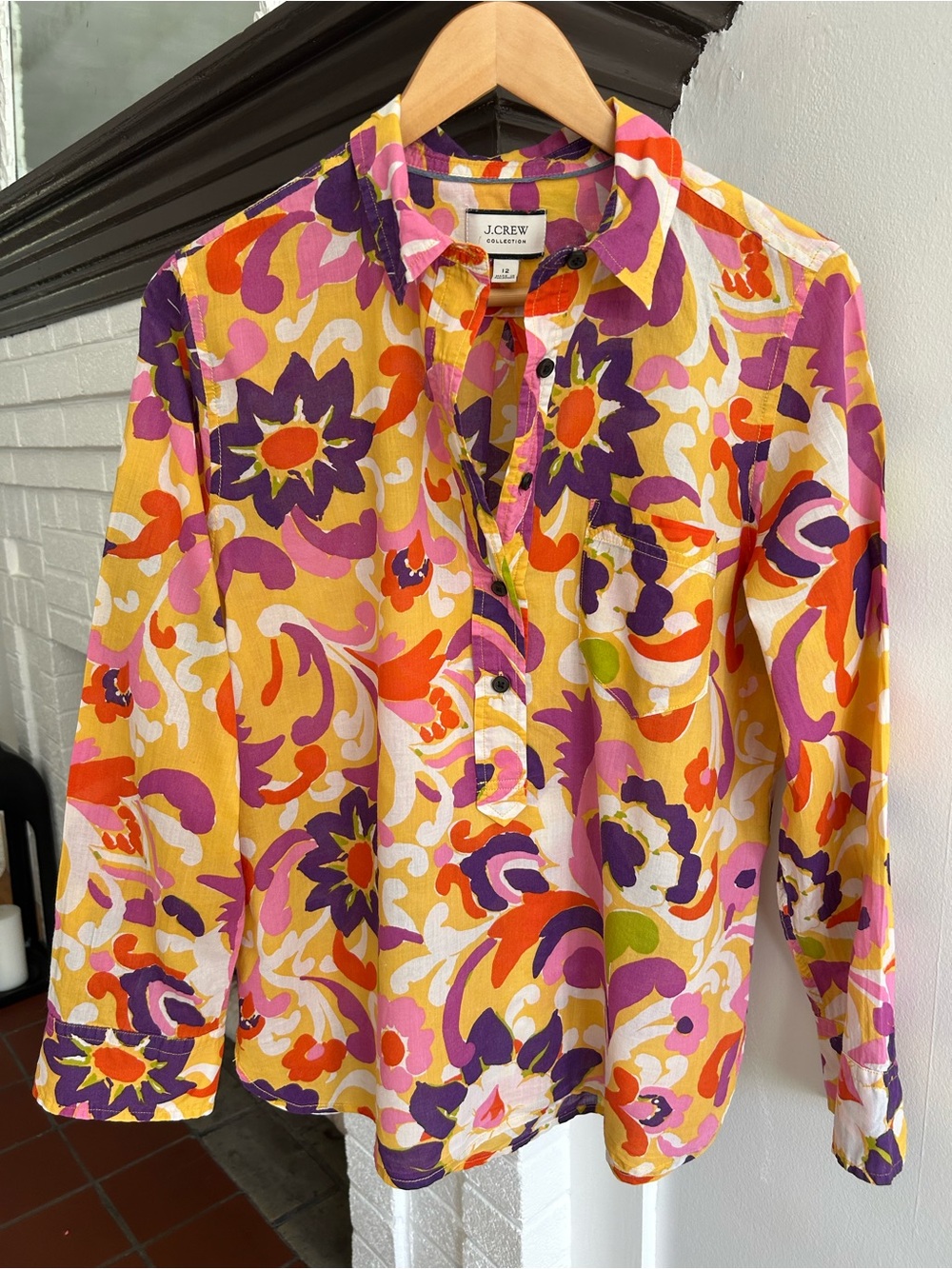 J. Crew Yellow Floral Button-Front Shirt with Purple & Orange Accents